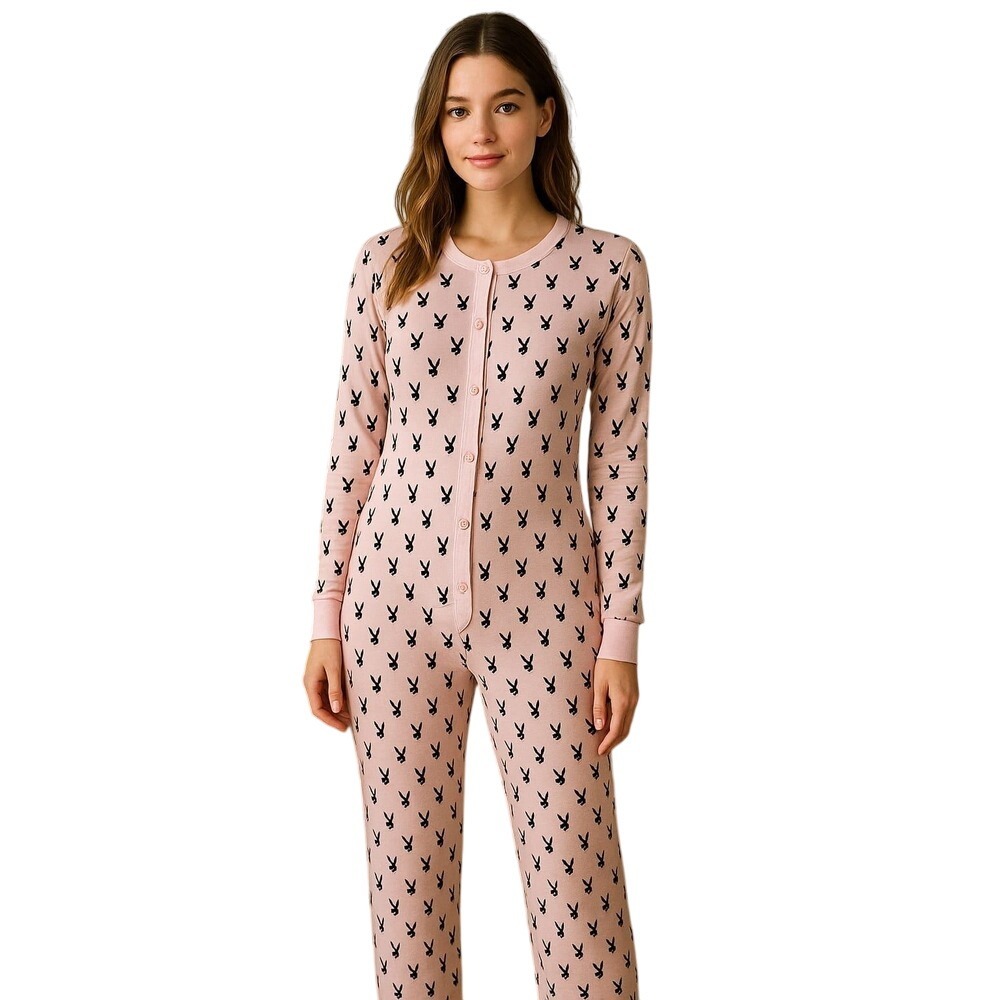 Shirley Of Hollywood Playboy Bunny Allover One-piece Pajamas Vintage 80'sPink S
